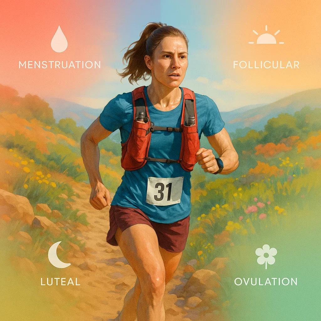 Female ultramarathon runner with overlays showing menstrual cycle phases: menstruation, follicular, ovulation, and luteal.