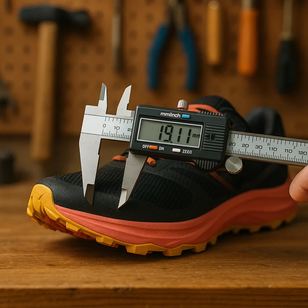 đź”§ DIY Trail-Shoe Gear Care: Wash, Deodorize, Repair & Protect Your Runners 3 Measuring trail-shoe midsole height with a digital caliper in a DIY lab setup.