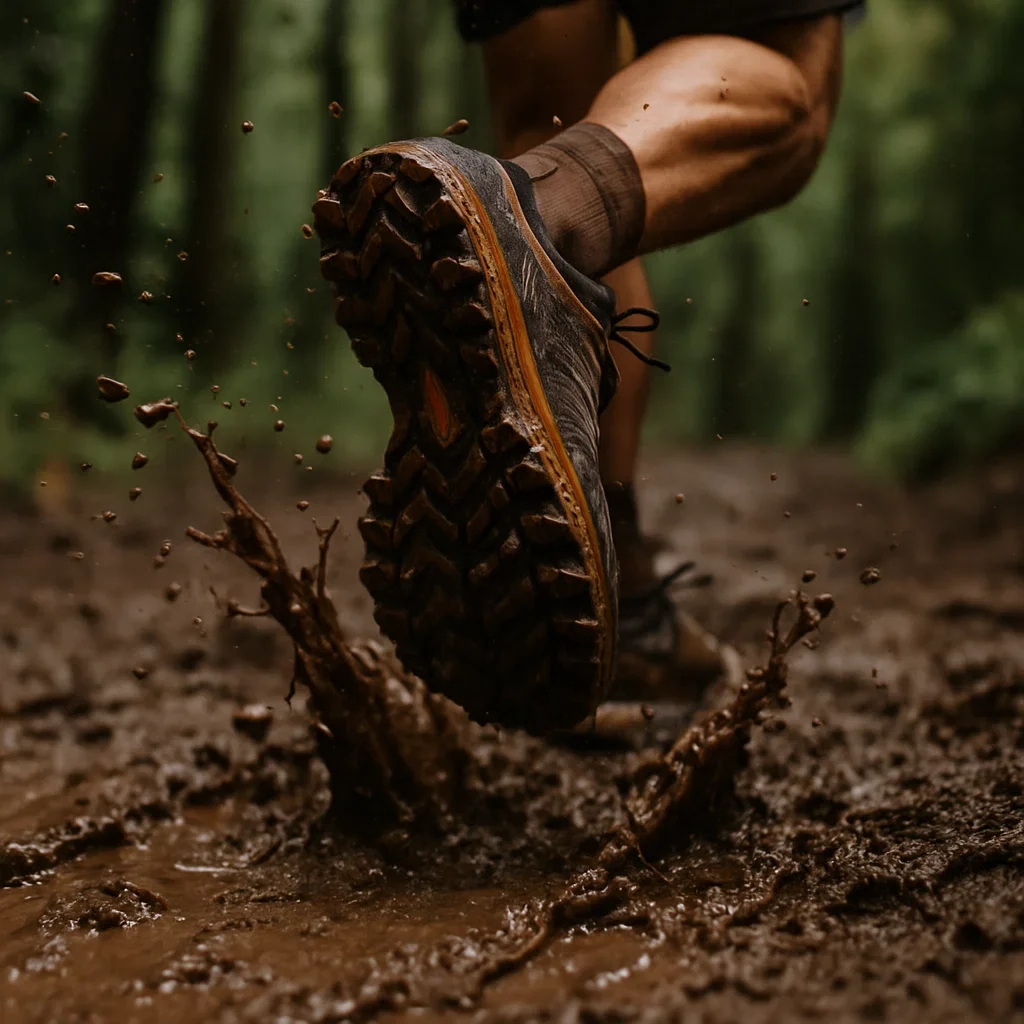 🏔️🌧️ Best Trail Running Shoes by Terrain Type (Rocky, Muddy, Sandy, Snowy) 4 Trail running shoes running through muddy terrain with deep tread patterns