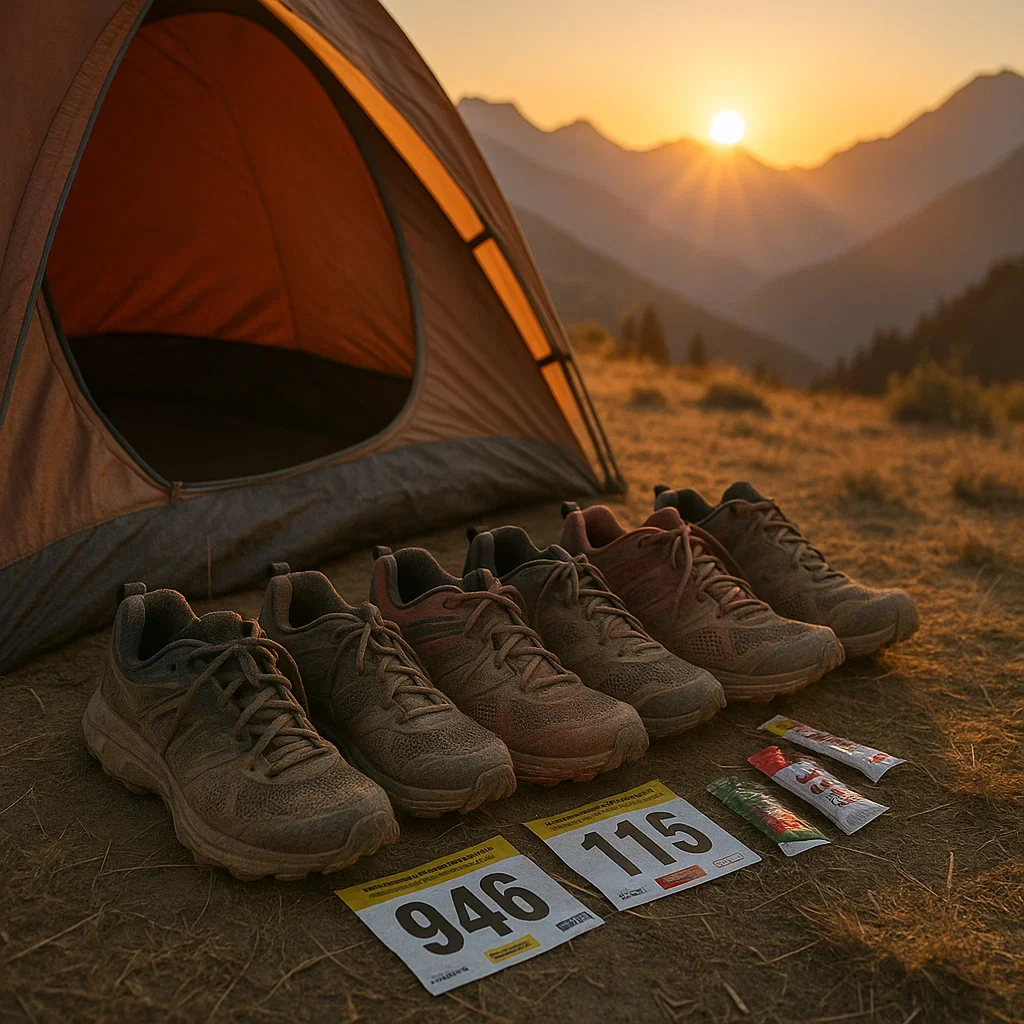 A lineup of trail shoes outside a camp tent after a multi-day ultra marathon, with mountain background.
