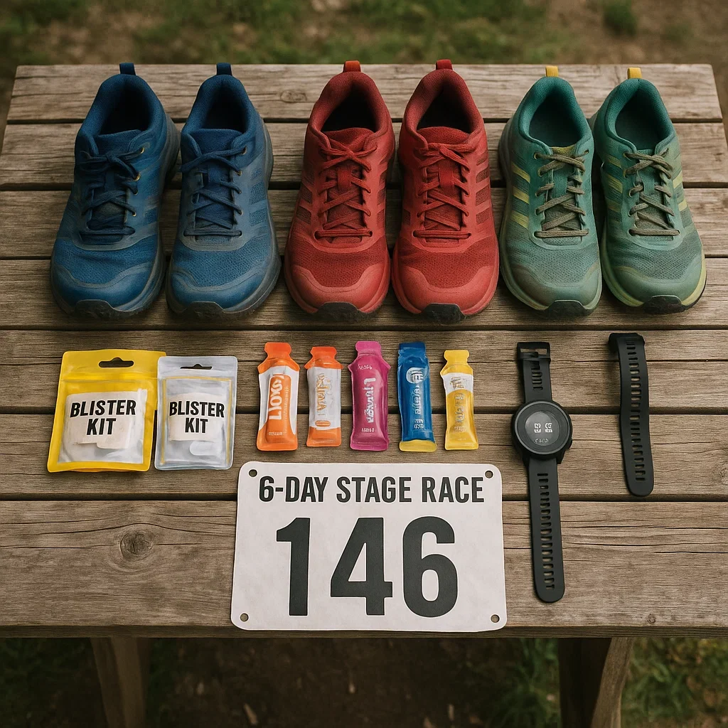 Best Trail Running Shoes for Multi-day Ultra Marathons (6-Day Races) – 2025 Guide 5 Flat lay of gear for a multi-day ultra marathon: trail shoes, foot care, energy gels, and race essentials.