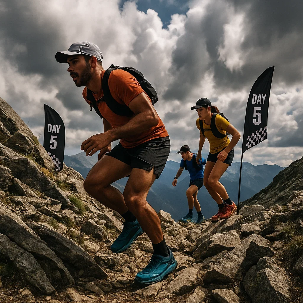 Best Trail Running Shoes for Multi-day Ultra Marathons (6-Day Races) – 2025 Guide 4 Multi-day ultra marathon runners wearing various trail shoes on a rocky climb.