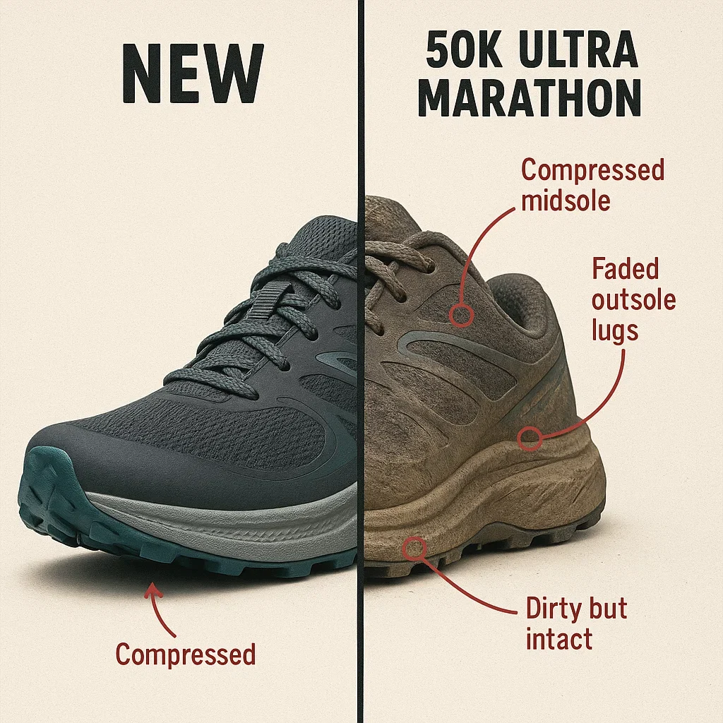 Infographic showing new versus worn trail running shoe after a 50K ultra, with wear points highlighted for durability comparison.