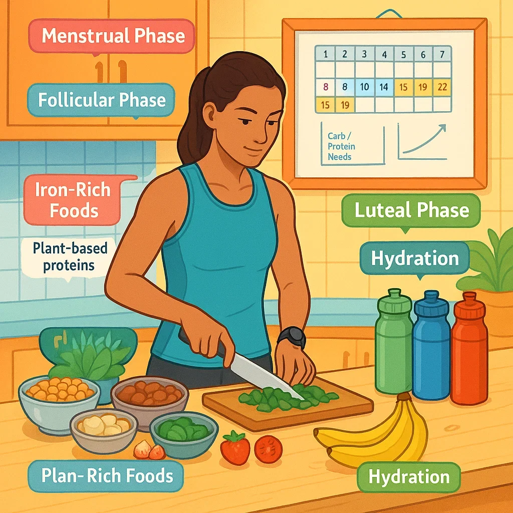 Ultra Marathon Training During Menstruation: The Complete Science-Backed Guide 6 Female athlete organizing plant-based foods by menstrual cycle phase with a nutrition calendar in the background.