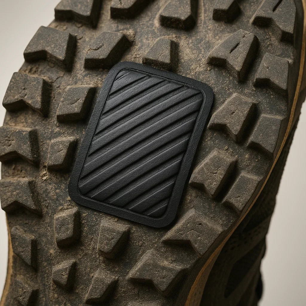 đź”§ DIY Trail-Shoe Gear Care: Wash, Deodorize, Repair & Protect Your Runners 5 Rubber patch restoring worn trail-shoe lugs.