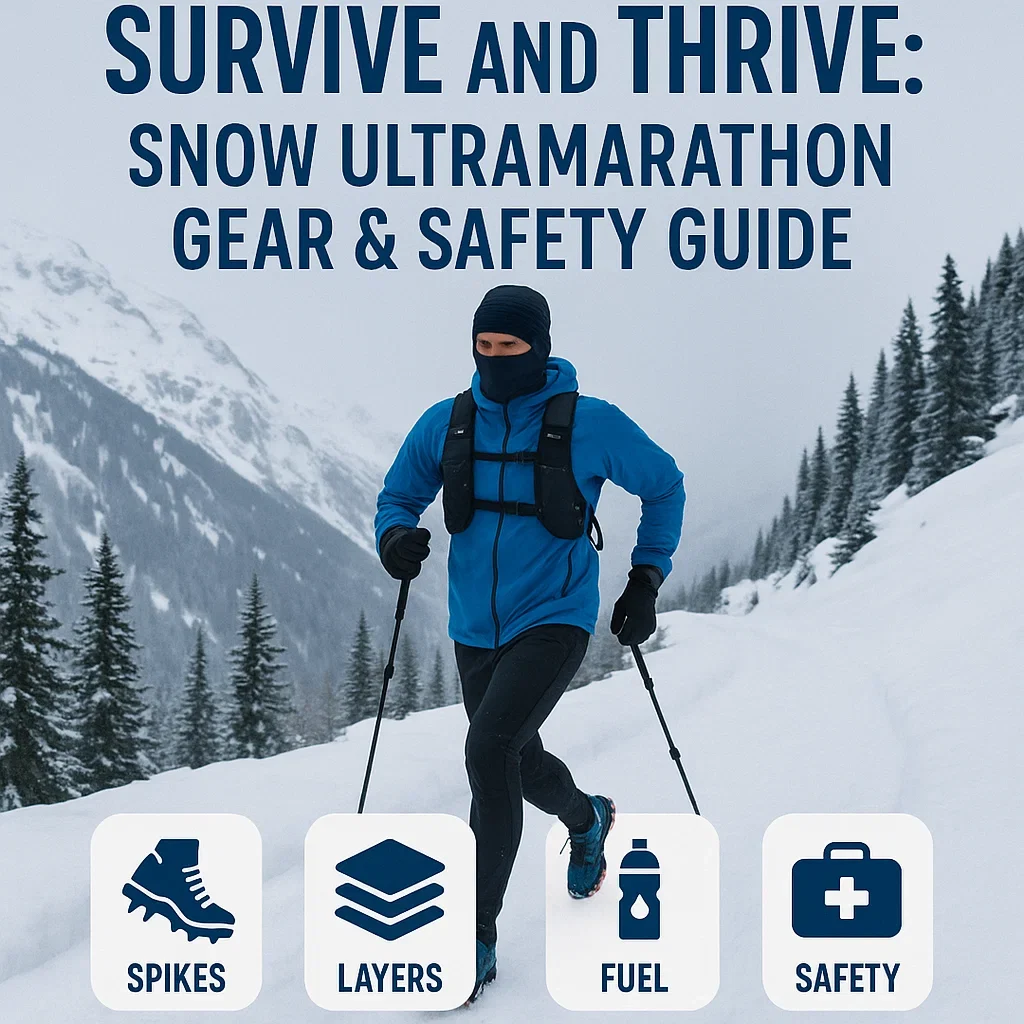 Ultra Guide to Snow and Cold-Weather Ultramarathons: Gear, Layering, Fueling & Safety 4 Pinterest snow ultramarathon gear and safety graphic