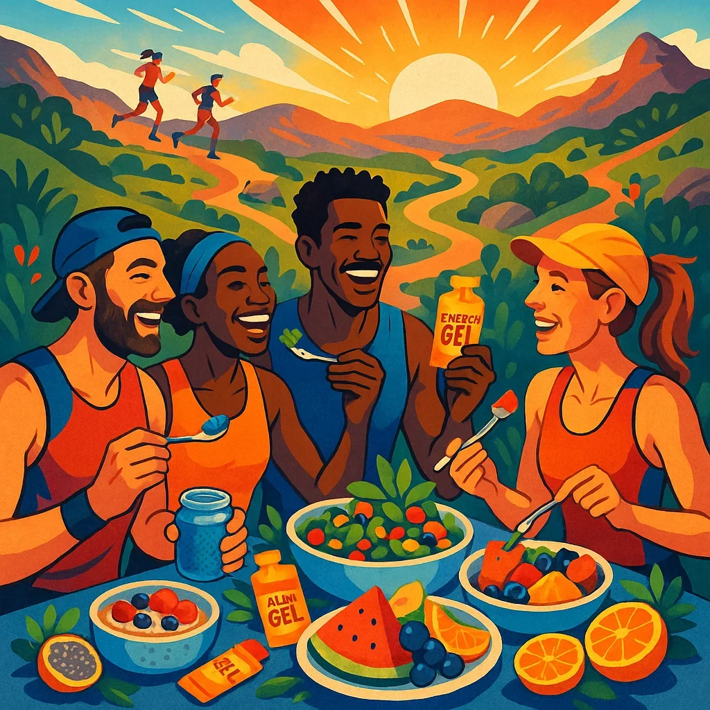 Plant-based ultramarathon runners enjoying a colorful vegan meal together before a race.