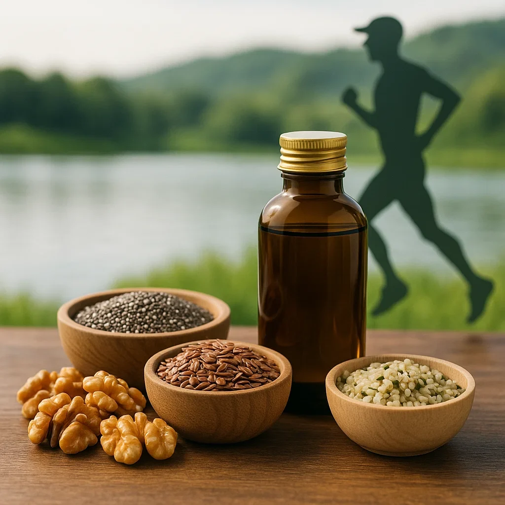 Ultimate Guide to Plant-Based Nutrition for Ultramarathon Runners (2025) 4 Plant-based omega-3 foods and algae oil for endurance runners, with outdoor background.