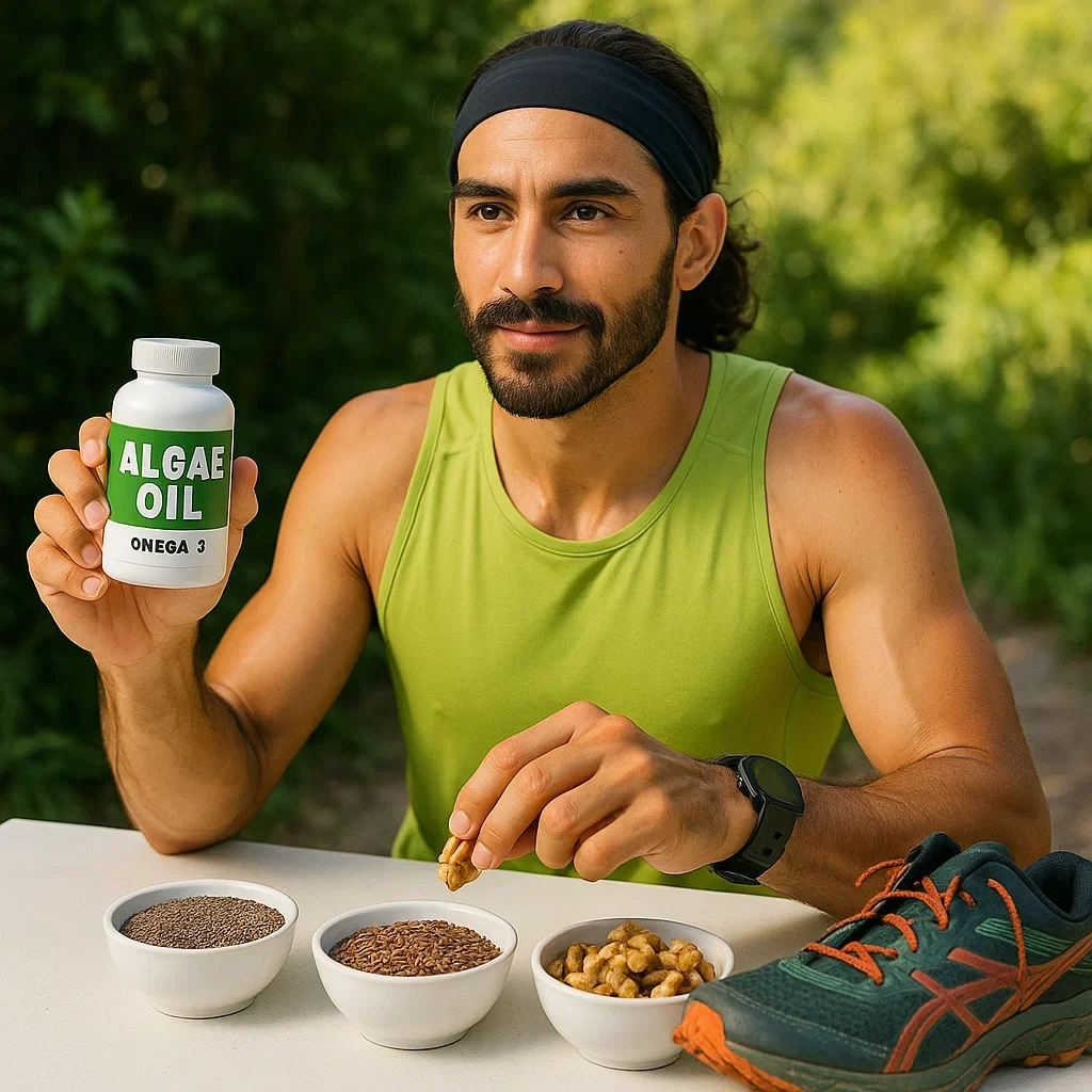 Plant-based athlete with omega-3 foods (chia, flax, walnuts) and algae oil supplement after running.