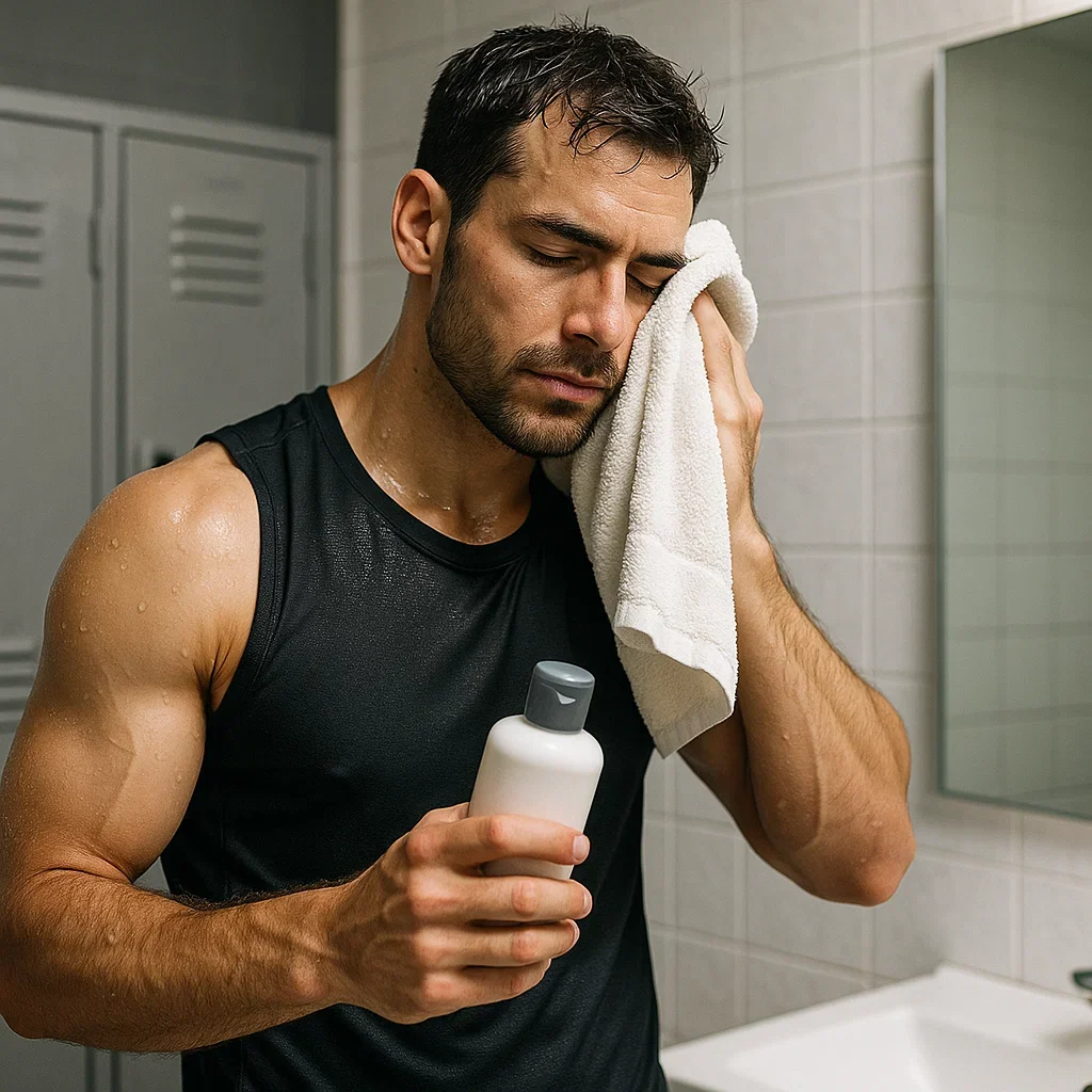 Post-Run Skincare Routine, A male runner standing in a locker room or home bathroom, fresh out of the shower, drying face with a towel and holding a bottle of moisturizer, athletic build, clean lighting, focused expression.