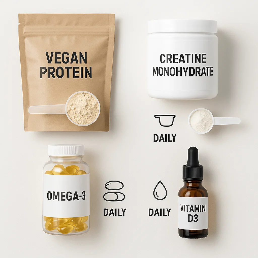 Flat-lay of essential recovery supplements for masters runners, including protein, creatine, omega-3, and vitamin D.