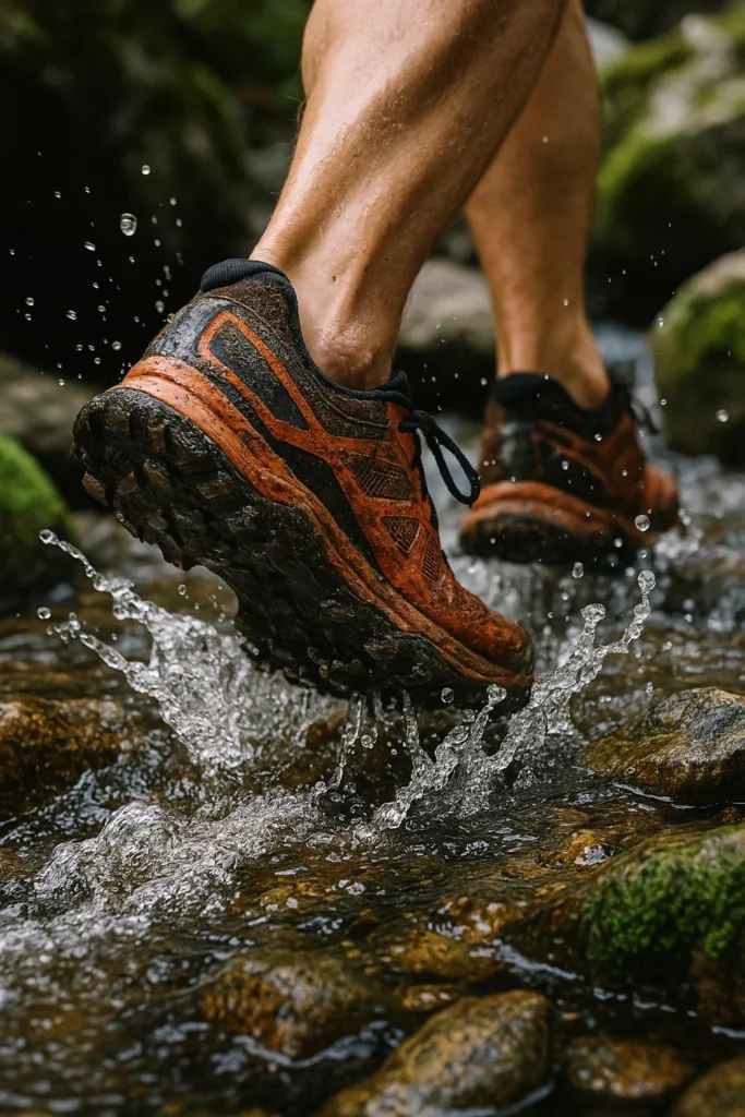 Best Trail Running Shoes for Hiking: 2025 Expert Guide for Hikers & Runners 6 Trail shoes crossing a rocky stream during a hiking run.