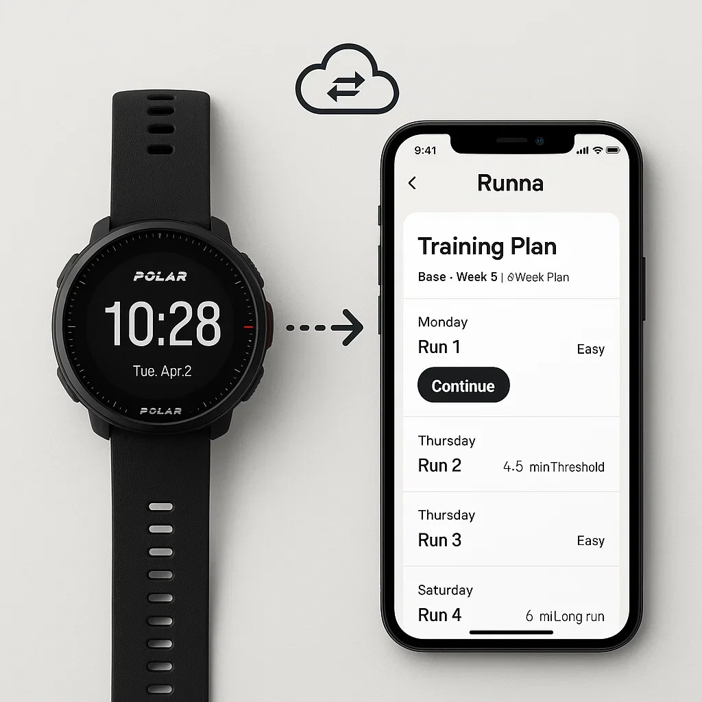 Smartphone with Runna app syncing a training plan to a Polar watch.