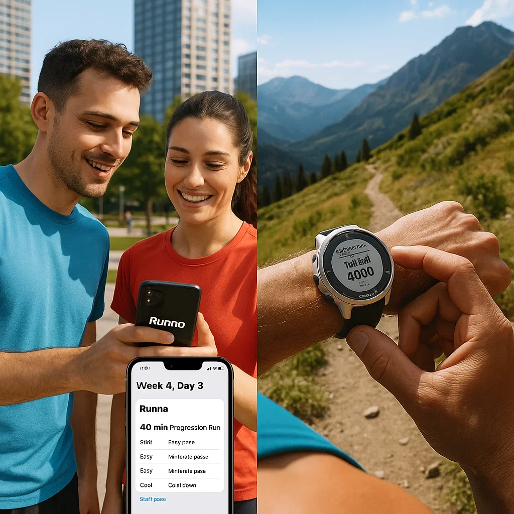 Split-screen showing runners using Runna app on a phone and Garmin Coach on a smartwatch, both training for ultramarathons in city and mountain settings.