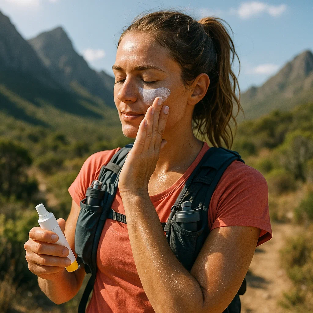 Runner applying sunscreen before a trail run in the mountains