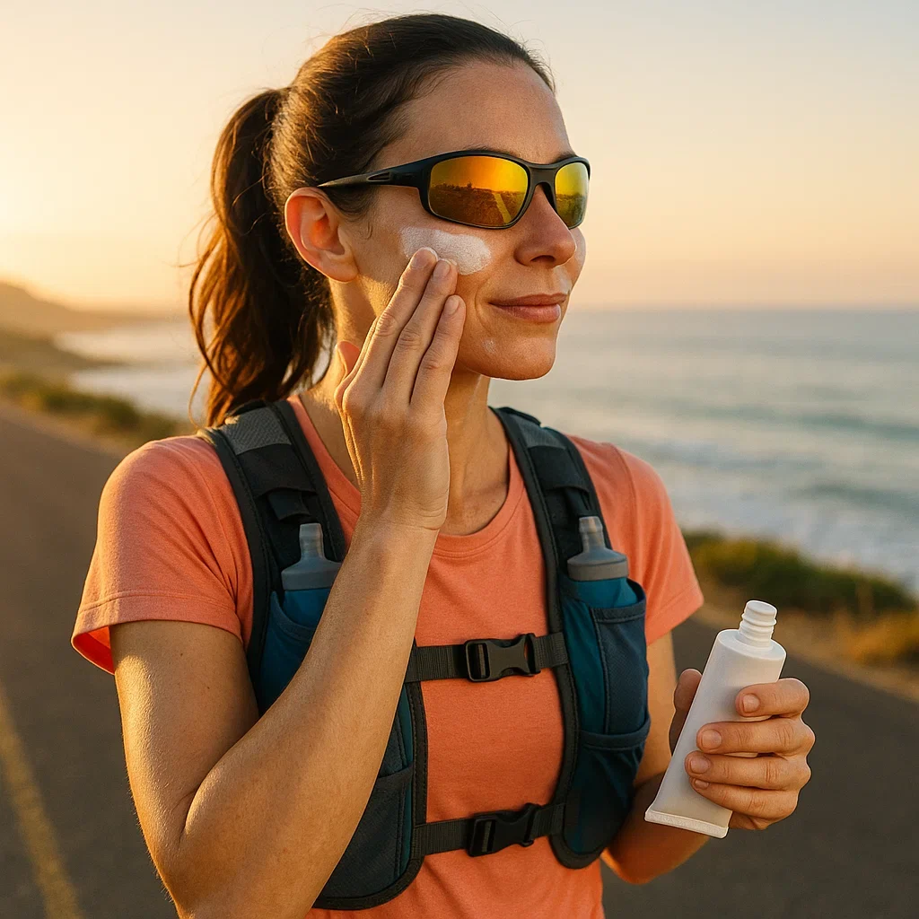 Best Sunscreen for Runners. A female runner applying sunscreen to her face before a sunny morning run on a coastal road, wearing a hydration vest and reflective sunglasses, soft golden light and ocean in the background.