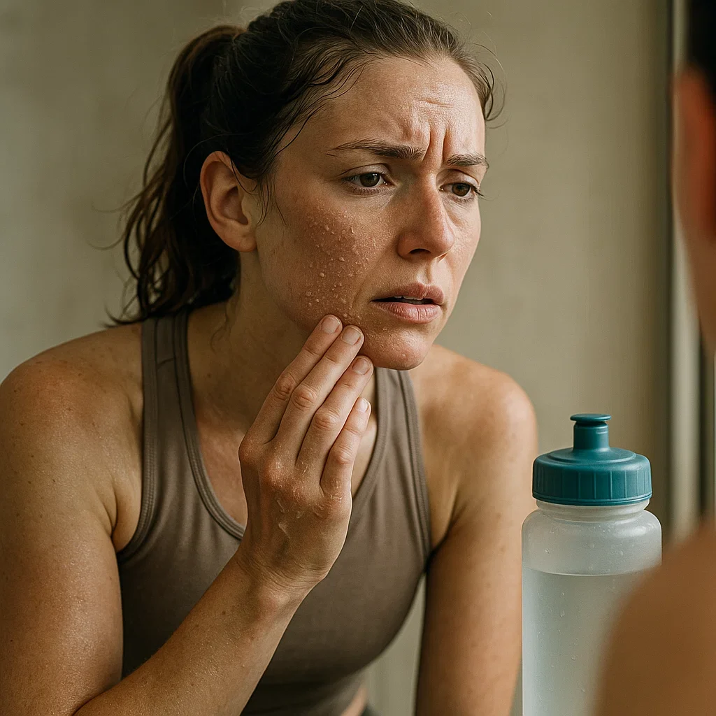 Dry Skin After Running A female runner examining dry skin on her cheek or arm in the mirror after a long outdoor run, natural lighting, visible flaking, tired look, hydration bottle nearby, neutral-toned athletic clothing.