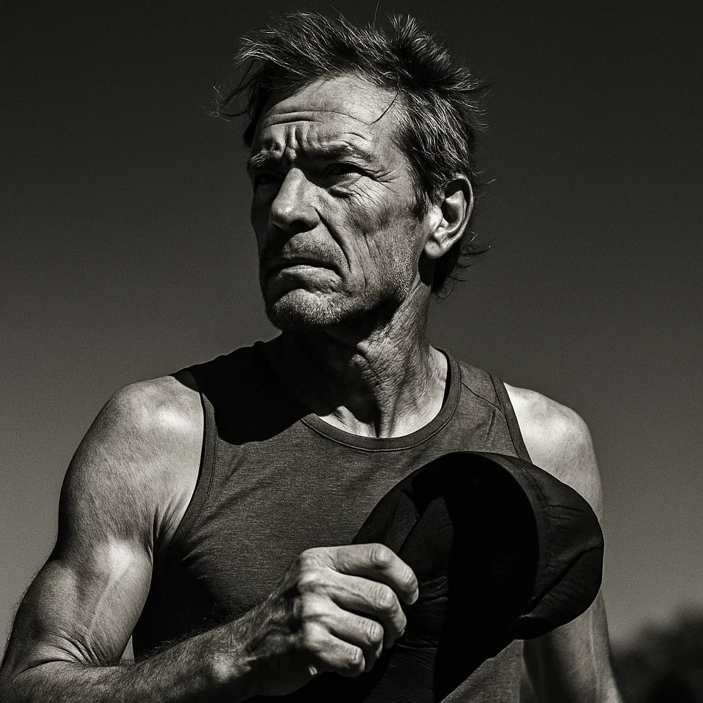 Runner’s Face: Myth or Reality? A middle-aged male runner staring into the distance under direct sunlight, lines on face from repeated exposure, wind-swept look, hat in hand, dramatic light-shadow contrast highlighting facial structure.