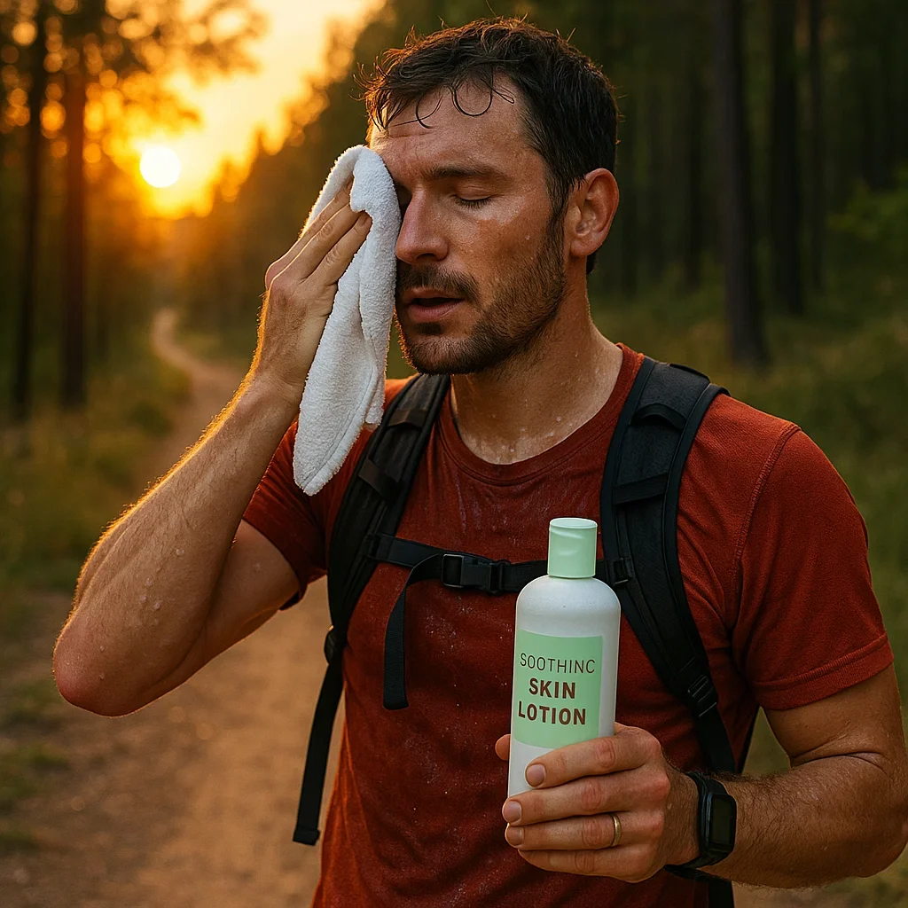 Runner after a trail run applying lotion and wiping sweat for post-run skin care.

