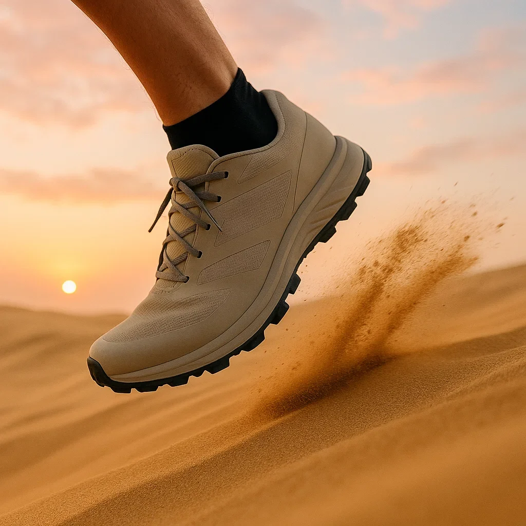 🏔️🌧️ Best Trail Running Shoes by Terrain Type (Rocky, Muddy, Sandy, Snowy) 5 Trail running shoes designed for sand, running across soft golden dunes at sunrise