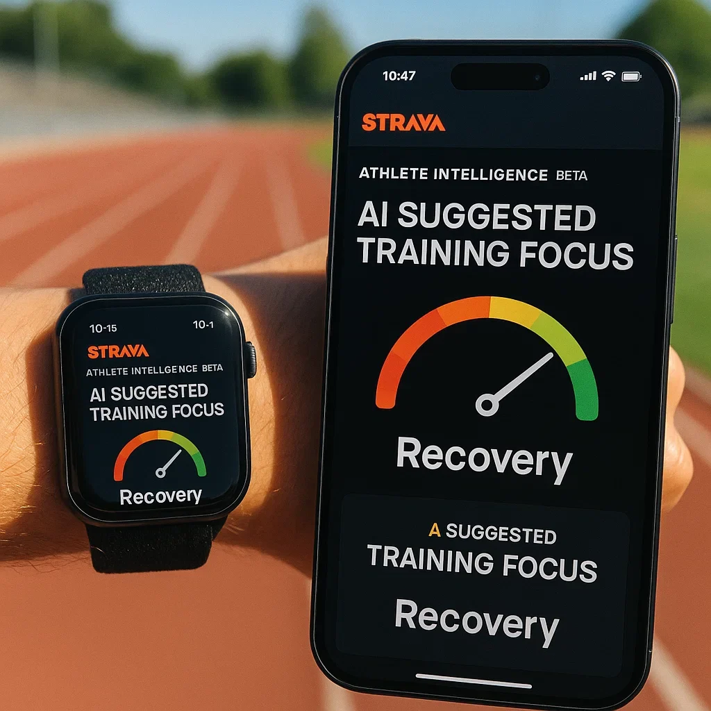 Strava Athlete Intelligence Beta (2025): First Impressions & Features 3 Strava AI interface on watch and phone, showing training focus and recovery for runners.
