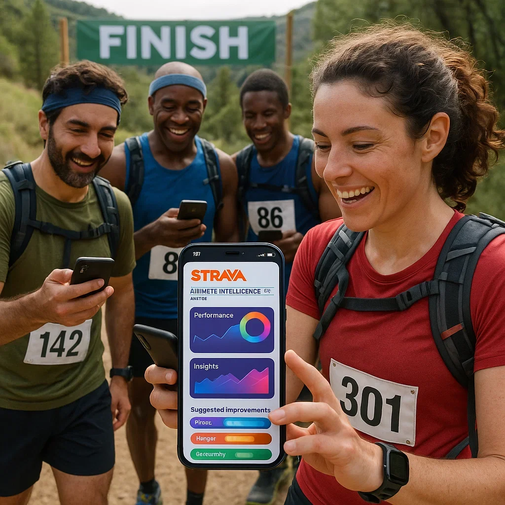 Group of runners at the finish line using Strava Athlete Intelligence Beta to check AI performance insights.