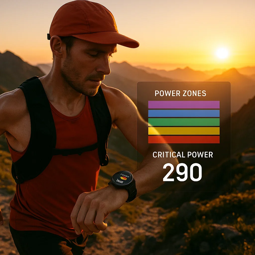 Ultra runner checks Stryd power zones on smartwatch, sunrise mountains in background.