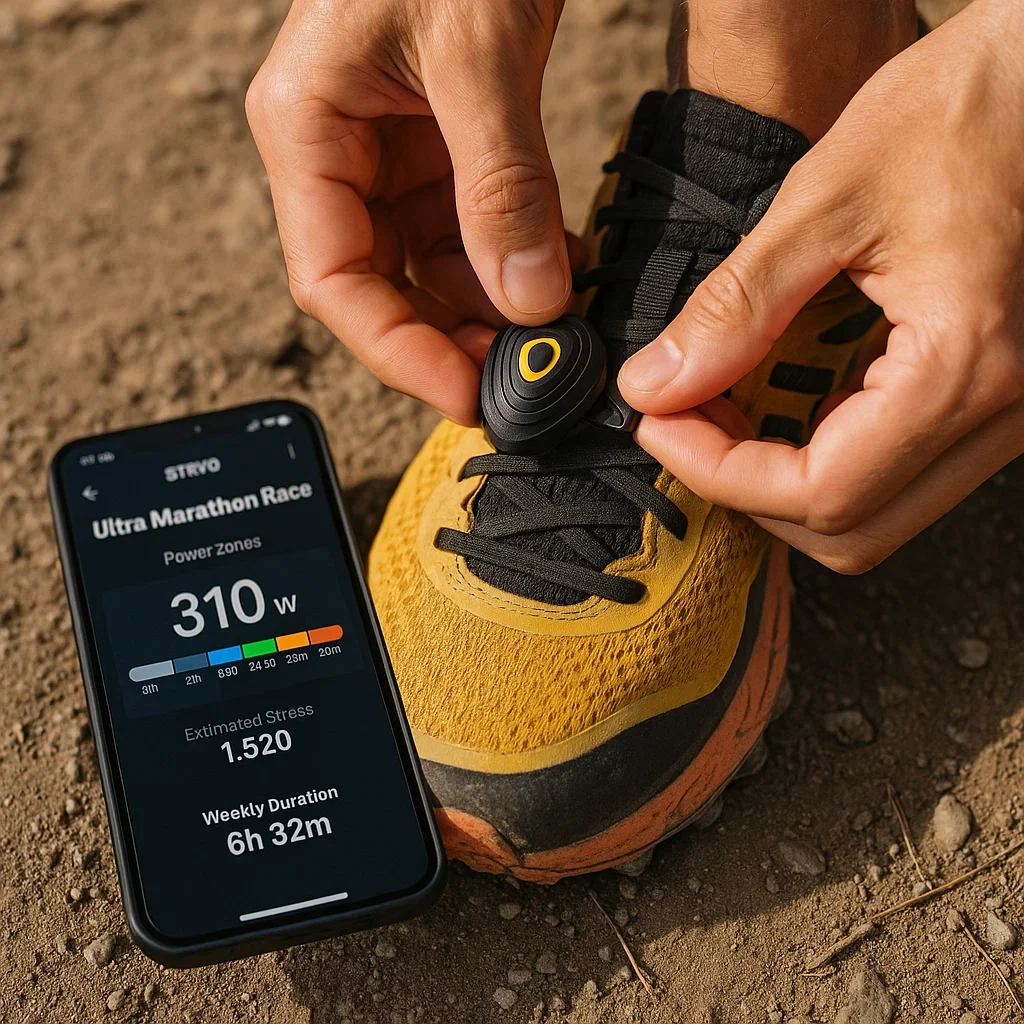 Stryd Critical Power Explained: Ultra Running Pace, Zones & Training in 2025 3 Hands of runner attaching Stryd pod to shoe, phone screen shows Stryd app with power zones.
