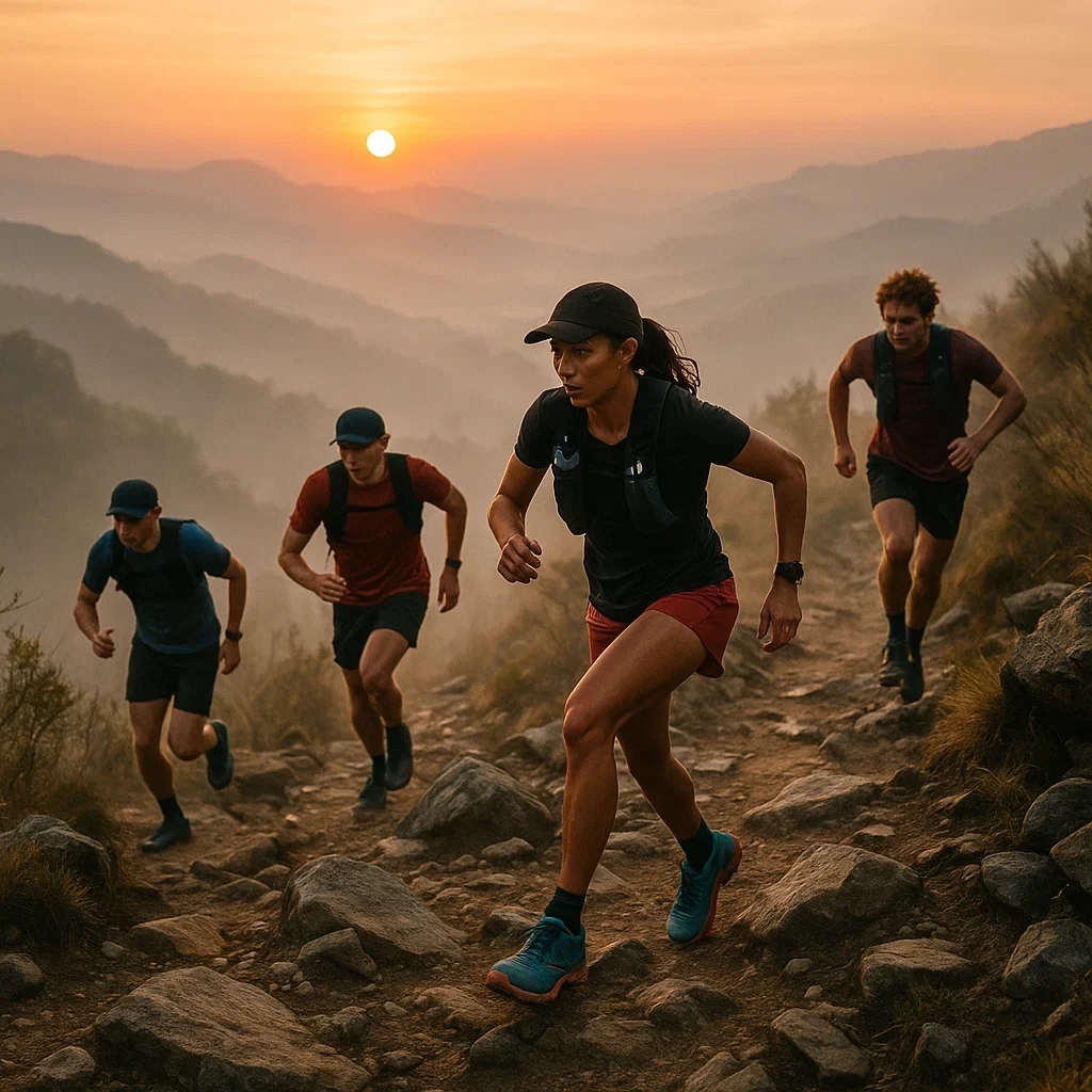 Runners climbing trail at sunrise during a sub-ultra marathon.