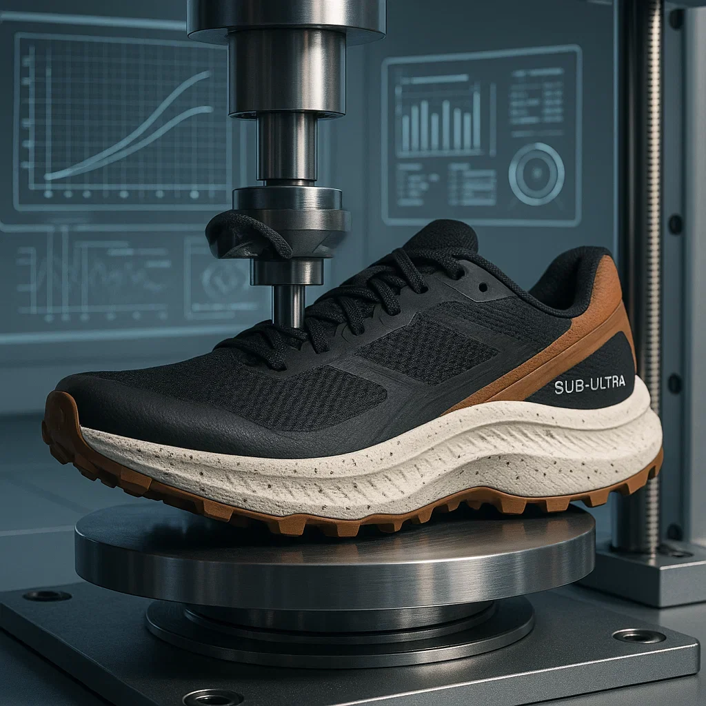 Best Trail Running Shoes for Sub-Ultra Distances (20–49 km) – 2025 Guide 8 Trail shoe being tested for foam durability in a futuristic lab setup.