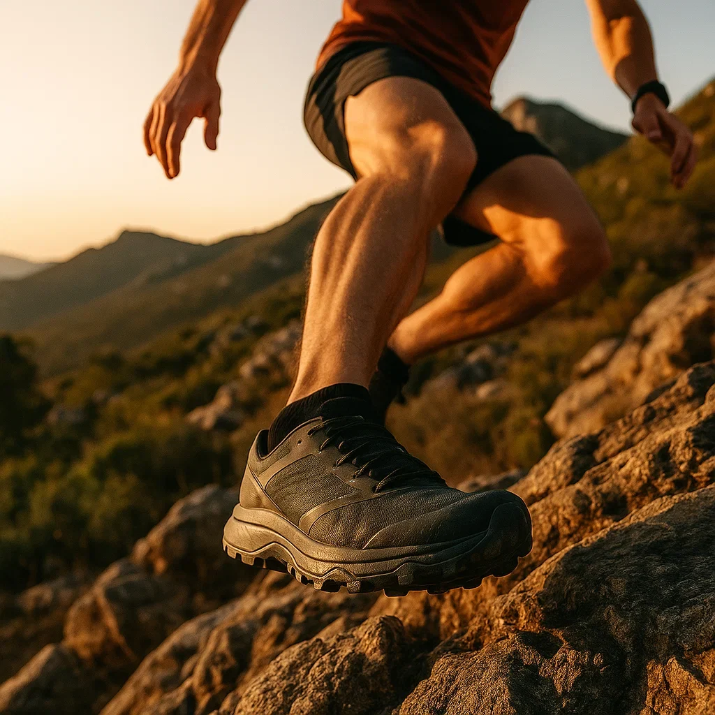 Best Trail Running Shoes for Sub-Ultra Distances (20–49 km) – 2025 Guide 7 A trail runner testing grip of sub-ultra shoes on rocky terrain, showcasing sole design and performance.