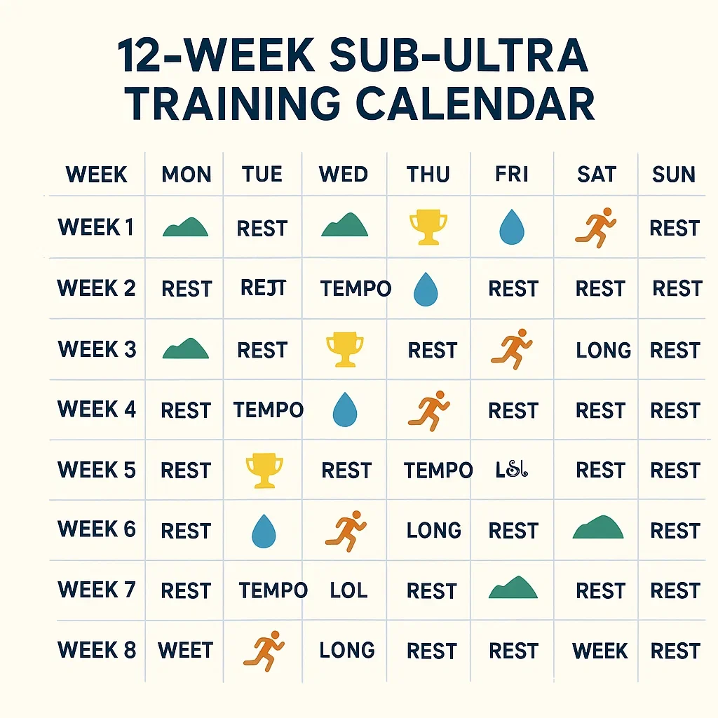 Sub-ultra marathon training schedule infographic.
