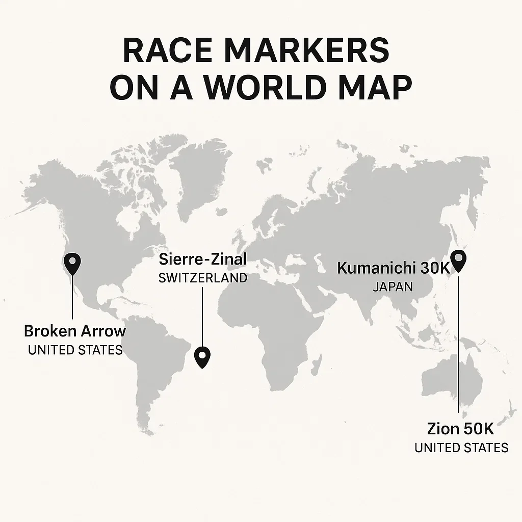 Top Sub-Ultra Races Around the World (30K–50K Trail & Road Events) 4 World map highlighting top sub-ultra race locations.
