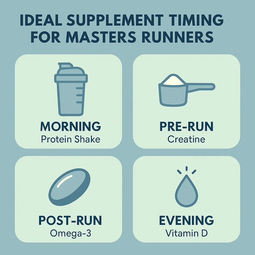Best Recovery Supplements for Masters Runners: Science, Timing & Top Product Picks (2025) 3 Infographic showing optimal supplement timing for masters runners with icons and descriptions.