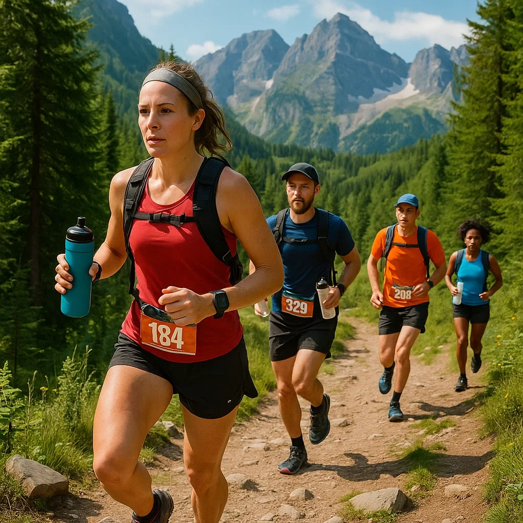 How Ultramarathons Are Becoming More Sustainable in 2025 6 Sustainable ultramarathon with reusable water bottles in a mountain setting, 2025.