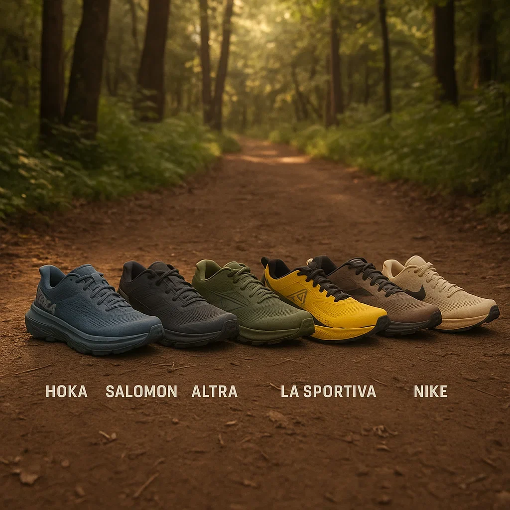 Best Trail Running Shoes for 50K Ultra Marathons – 2025 Guide 5 Six trail shoes arranged on a forest trail, best options for 50K ultra marathon.