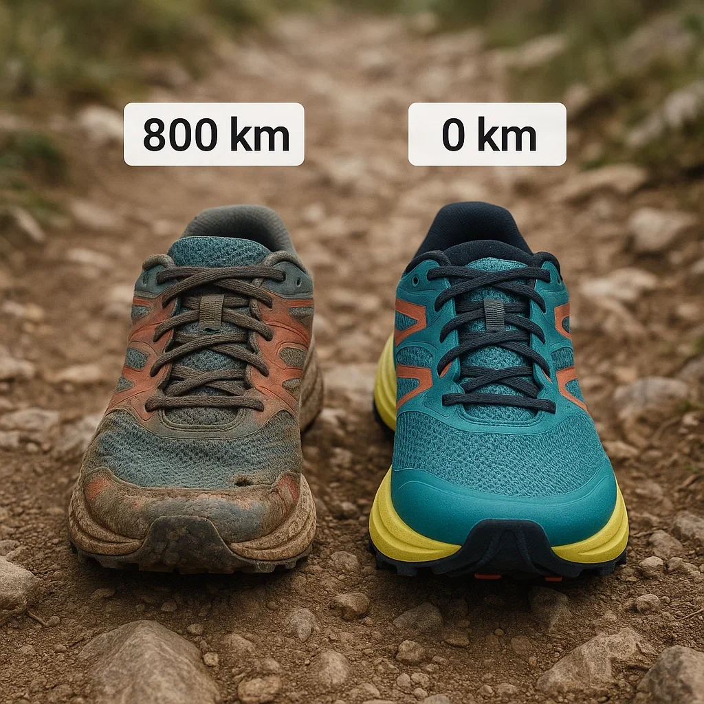 New and worn trail shoes displayed side-by-side to compare durability after long-distance hiking.
