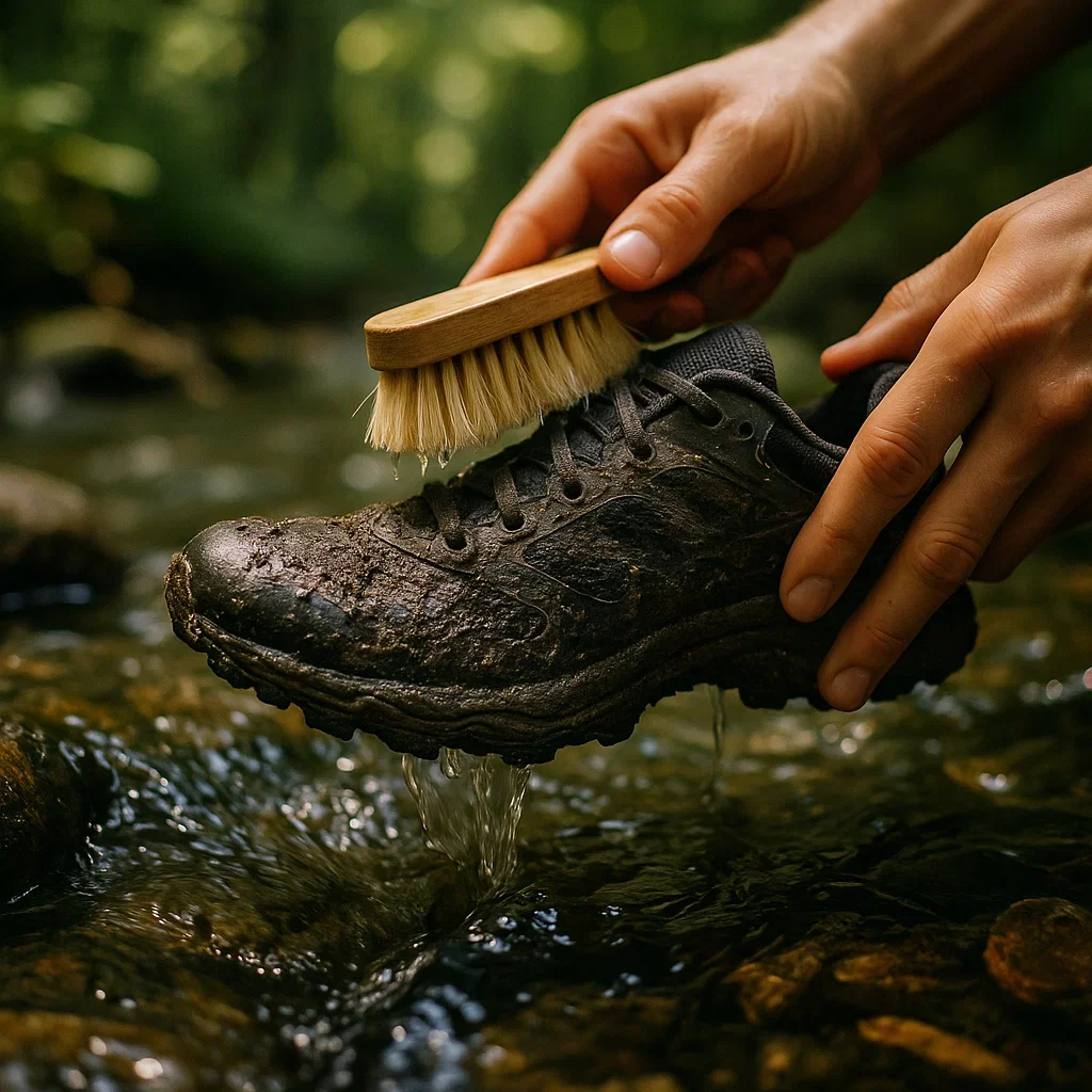 Hand scrubbing a muddy trail running shoe in a forest creek.