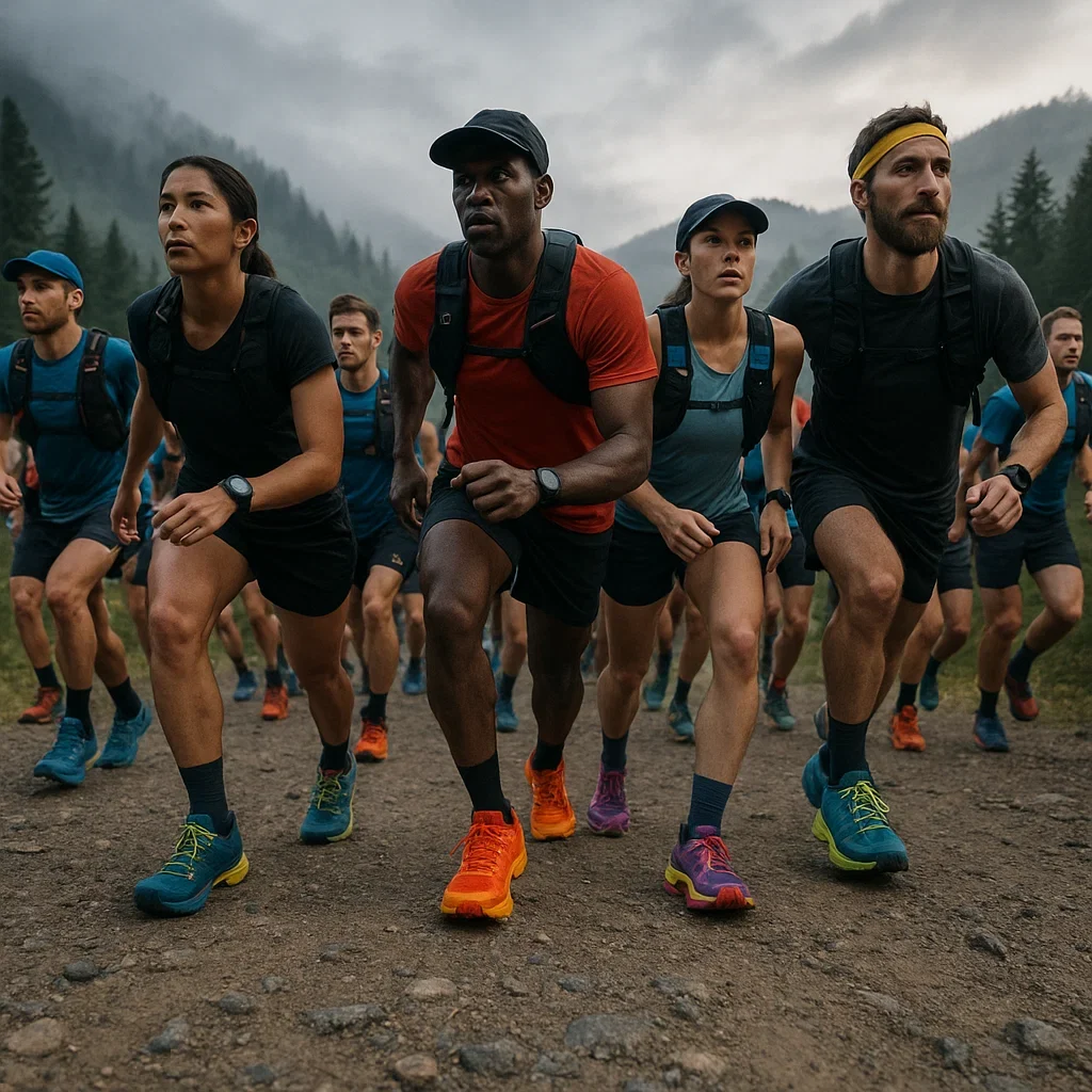 Best Trail Running Shoes for Sub-Ultra Distances (20–49 km) – 2025 Guide 3 Trail runners at a sub-ultra race start line wearing colorful trail shoes in a foggy mountain setting.
