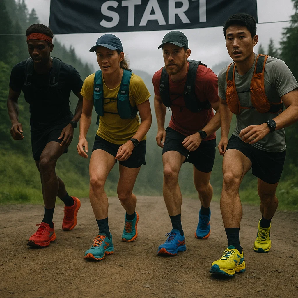 Best Trail Running Shoes for Sub-Ultra Distances (20–49 km) – 2025 Guide 6 Runners at the start line of a sub-ultra trail race, showcasing high-performance trail shoes in a misty forest environment.