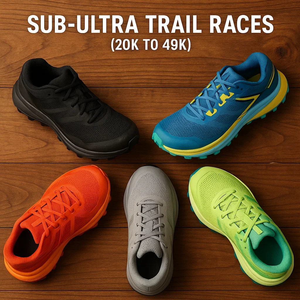 Best Trail Running Shoes for Sub-Ultra Distances (20–49 km) – 2025 Guide 4 Top-view comparison of trail shoes for sub-ultra races with labels showing features.