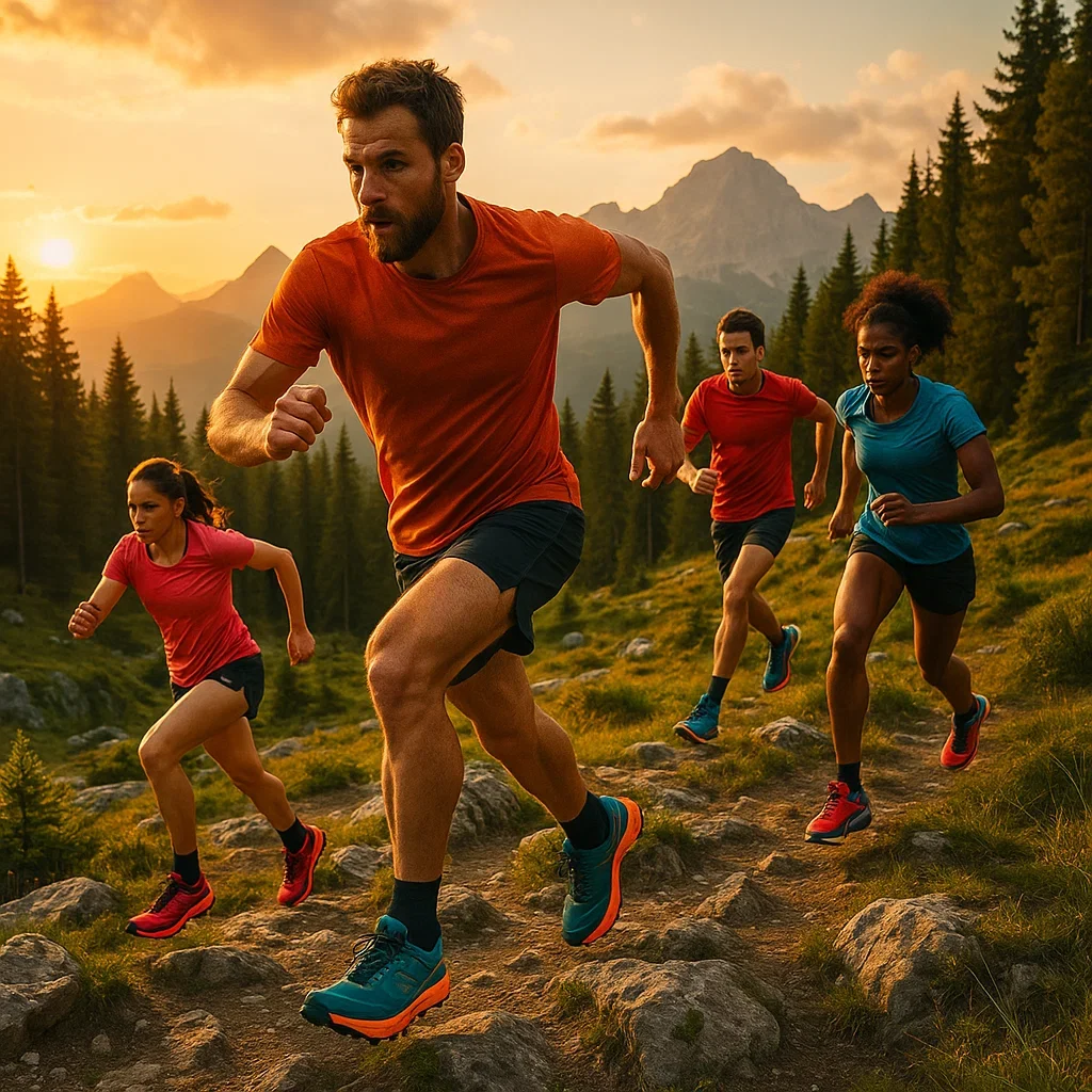 Trail runners in colorful shoes racing on a mixed terrain trail during a sub-ultra distance event.