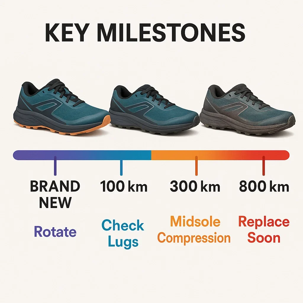 Trail Shoe Durability & Mileage for 50K Ultra Marathons – How Long Will Your Shoes Last? 🔄👟 3 Trail running shoe mileage timeline with shoe images from new to 800km, showing how durability changes over time.