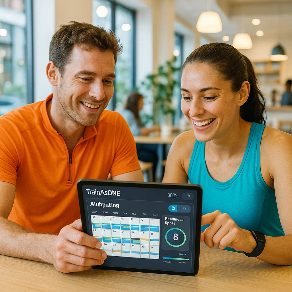 Runners using TrainAsONE app 2025 on a tablet, showing adaptive training plan and readiness score.