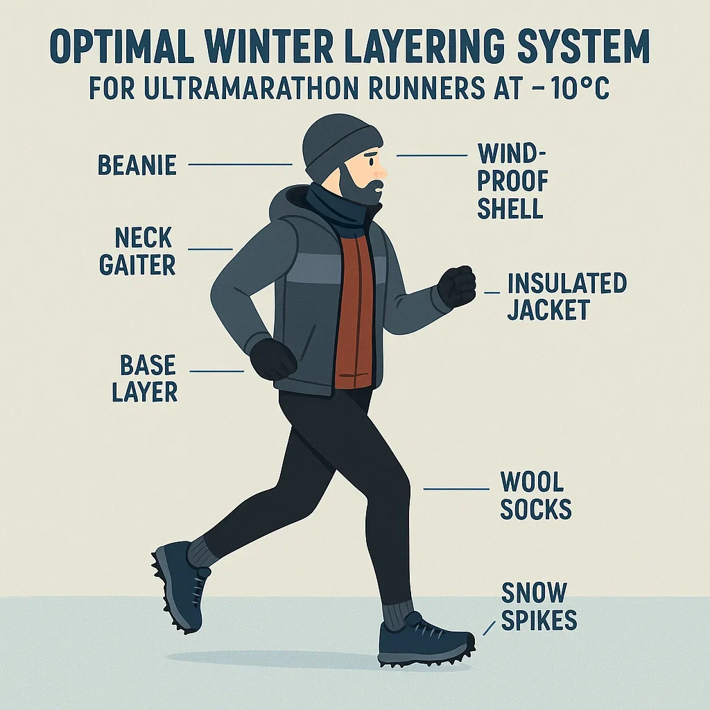 Ultra Guide to Snow and Cold-Weather Ultramarathons: Gear, Layering, Fueling & Safety 3 Winter layering infographic for –10°C ultramarathons, showing each clothing layer
