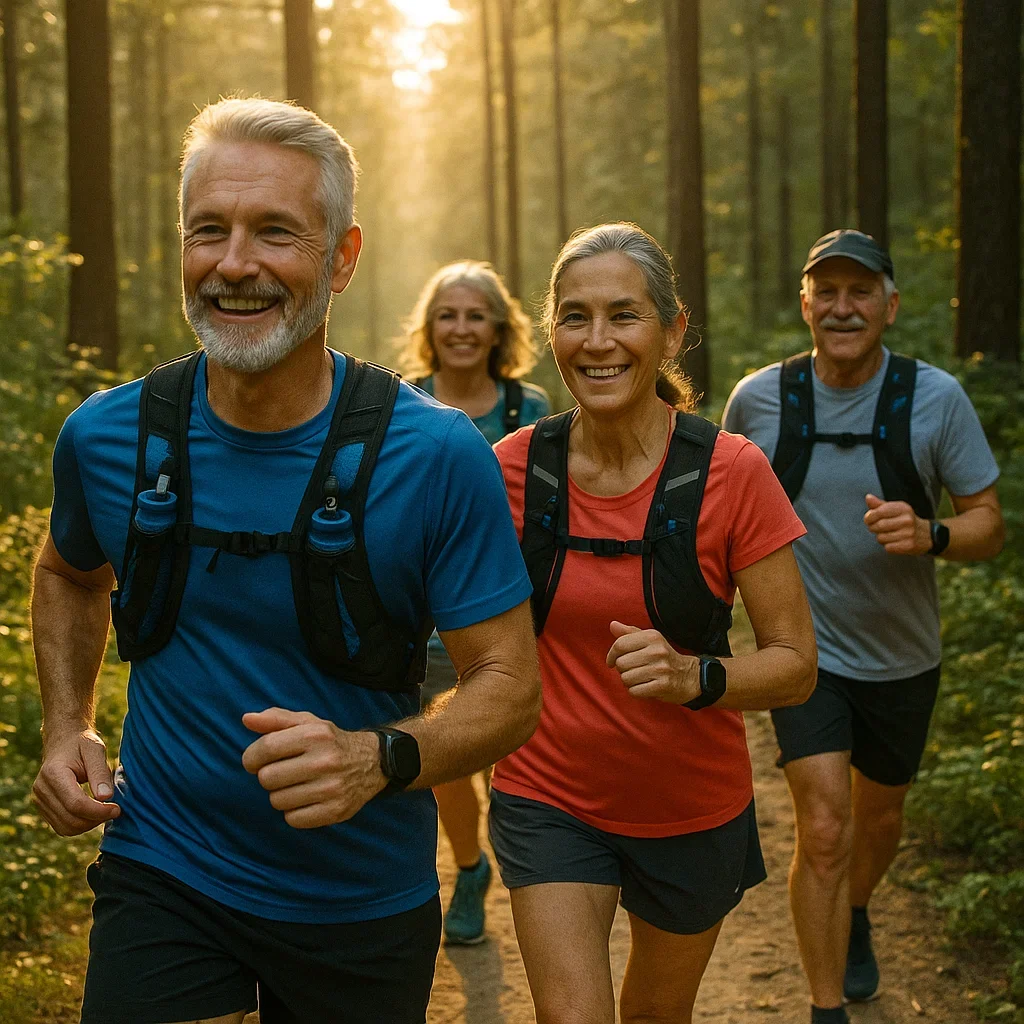 Group of runners aged 50 plus training on a scenic trail at sunrise.