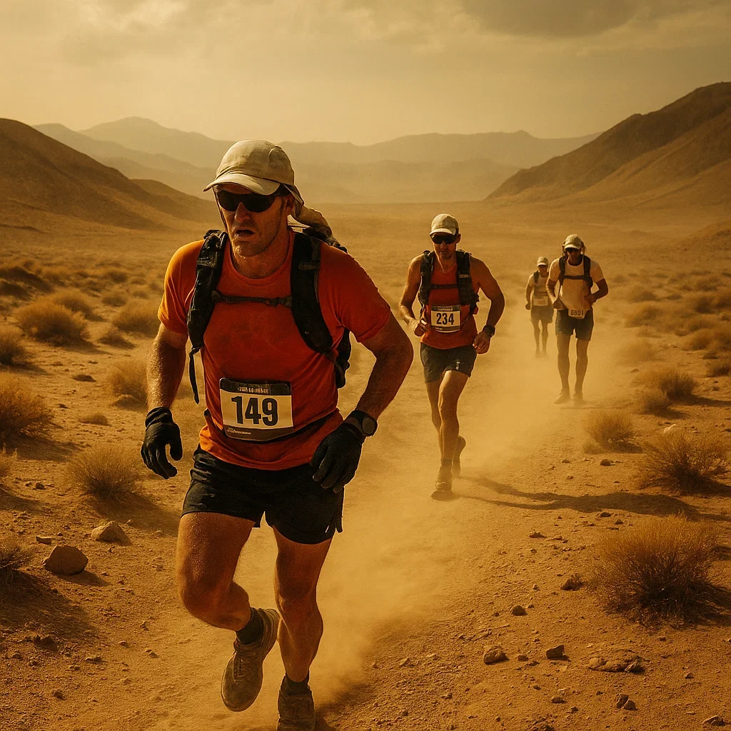 A challenging 100-mile Ultra Marathon through a remote desert landscape, runners battling the heat.
