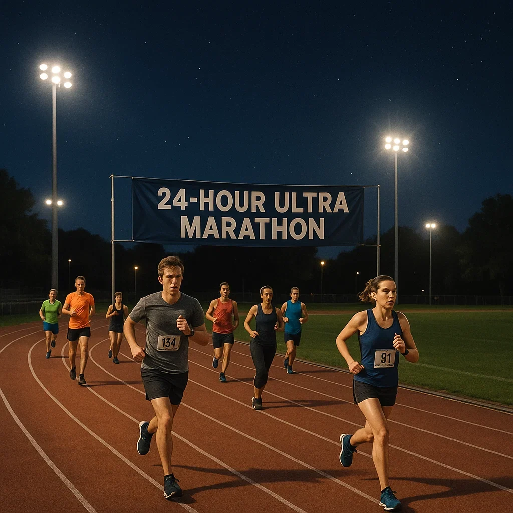 Ultra Marathon Distance: Complete Guide to All Ultra Running Distances 5 Runners in a 24-hour Ultra Marathon, running under the night sky.