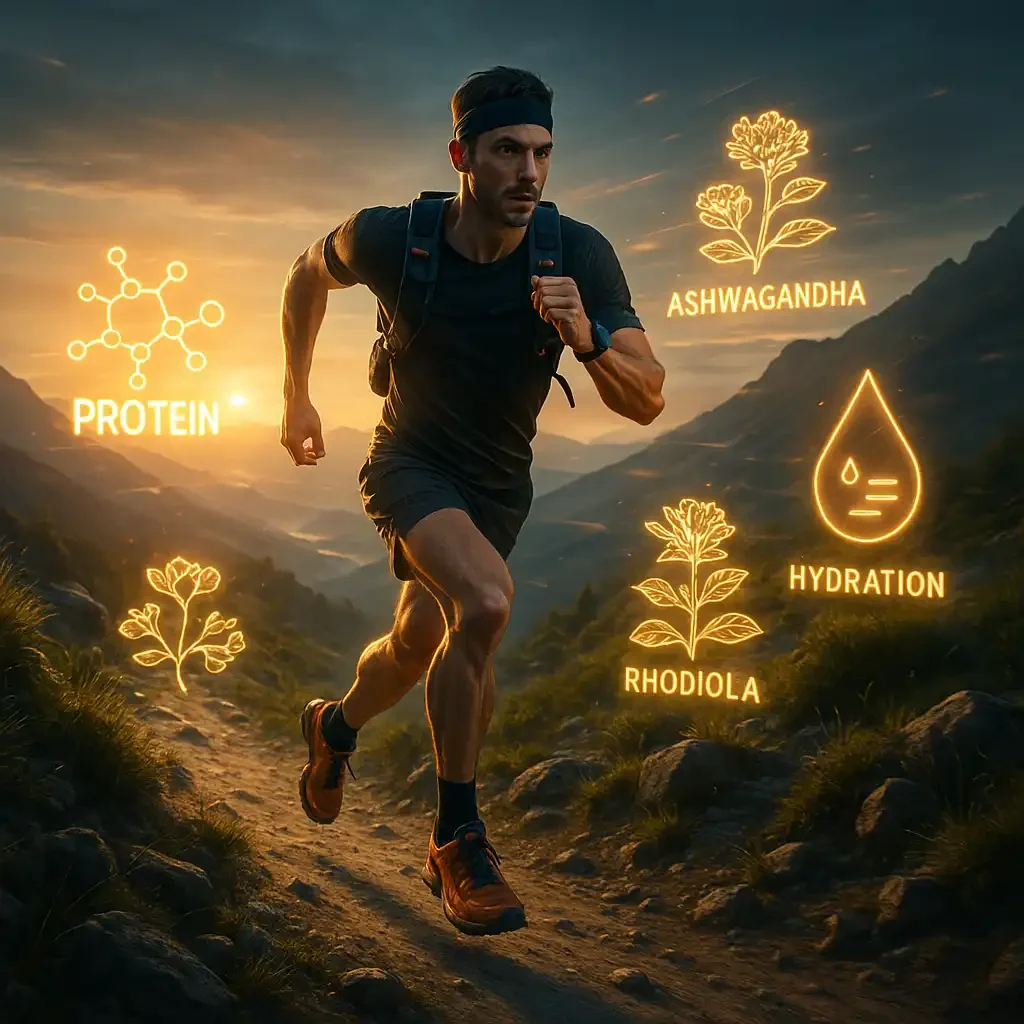 Ultra endurance athlete running at sunrise with symbolic nutrition and adaptogen visuals.