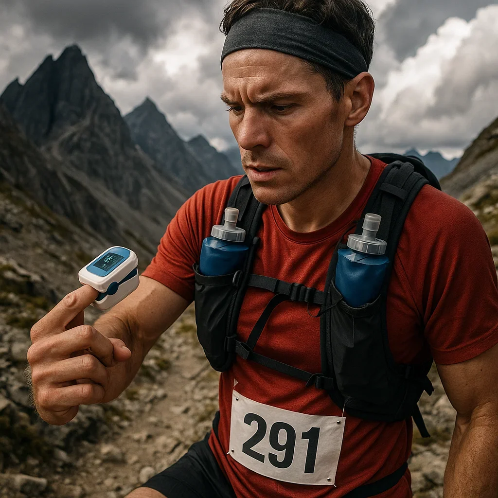 Ultramarathon runner checking SpO₂ monitor on a mountain trail to watch for acute mountain sickness symptoms.